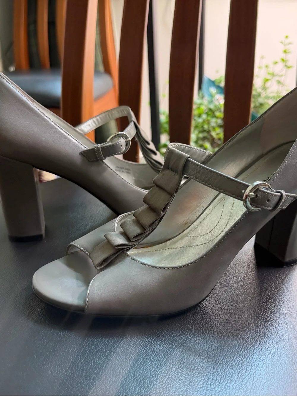 Tahari Gray Mary Peep-Toe T-Strap Heels with Ruffle Accent